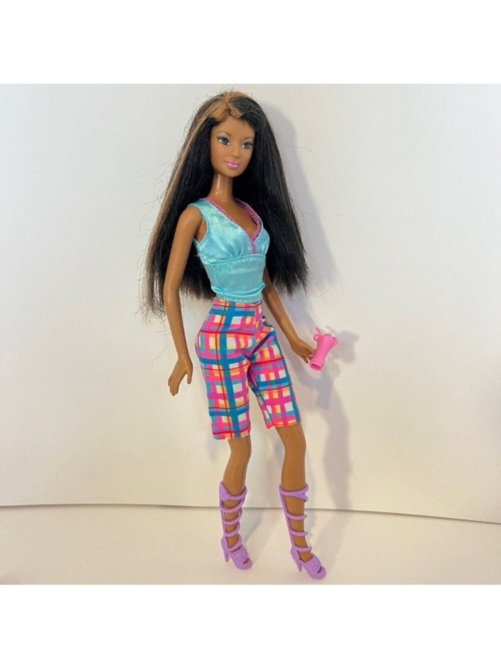 Vintage 2003 Cali Girl Lea Barbie Doll Redressed Purple Strap Heels Plaid Shorts